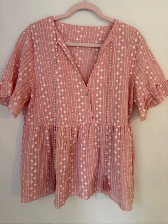 Tops - Pink Cotton Eyelet Peplum Blouse XL Boho Embroidered Top